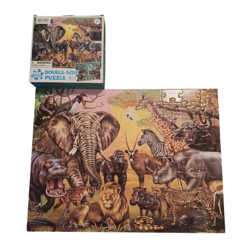 BenOBen Double-Sided 2in1 Puzzle 100‎ Pieces Safari and Forest Animals